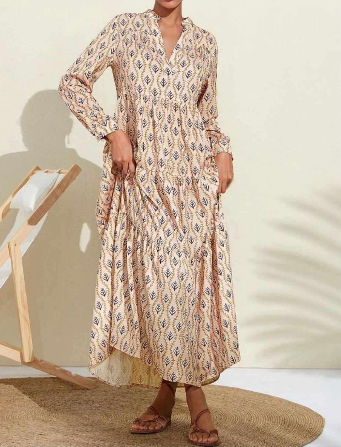 Printed Notched Long Sleeve Midi Dress