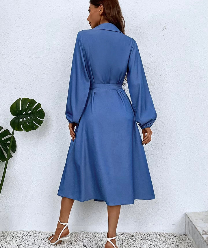 Button-Down Tie Waist Collared Neck Dress