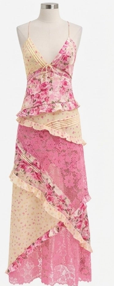 Lace Floral Print Ruffle Trim Maxi Dress