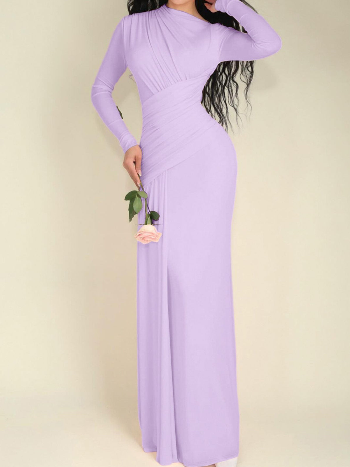 Lilac ruched long-sleeve mermaid maxi dress with high neckline and sleek fitted shape