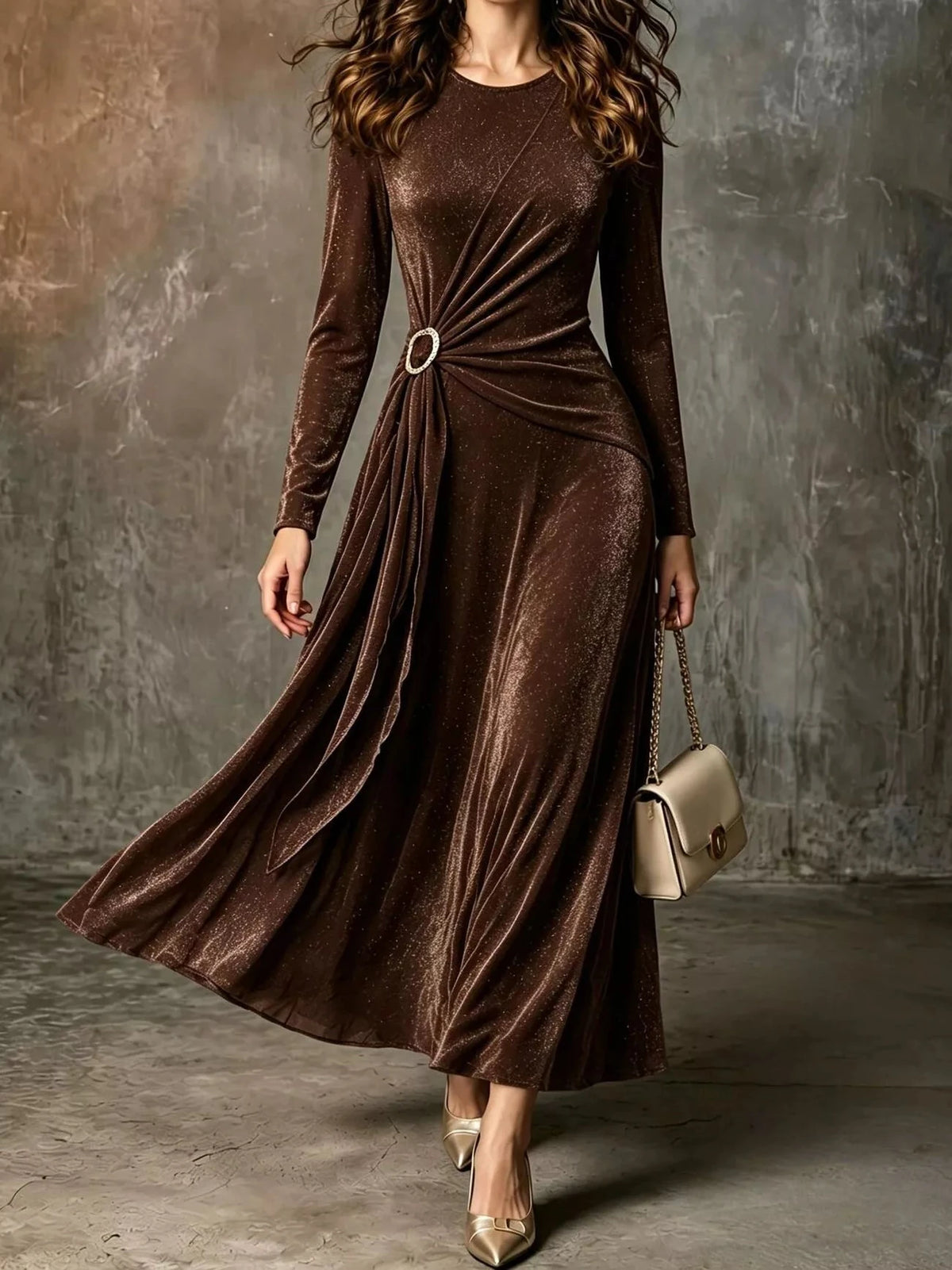 Coffee brown velvet long-sleeve maxi dress with waist ring detail and draped A-line skirt