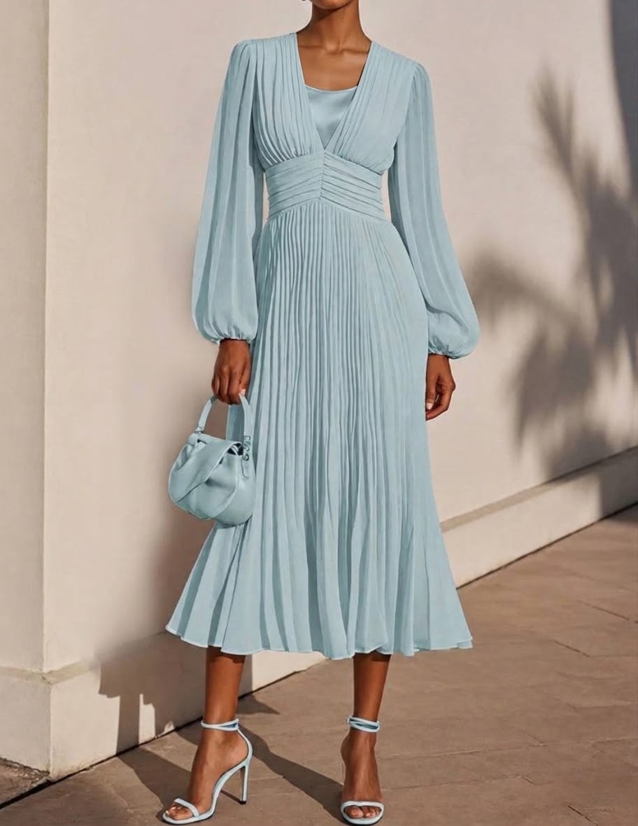 Turquoise midi dress with a V-neck, gathered waist, long sleeves, and pleated skirt