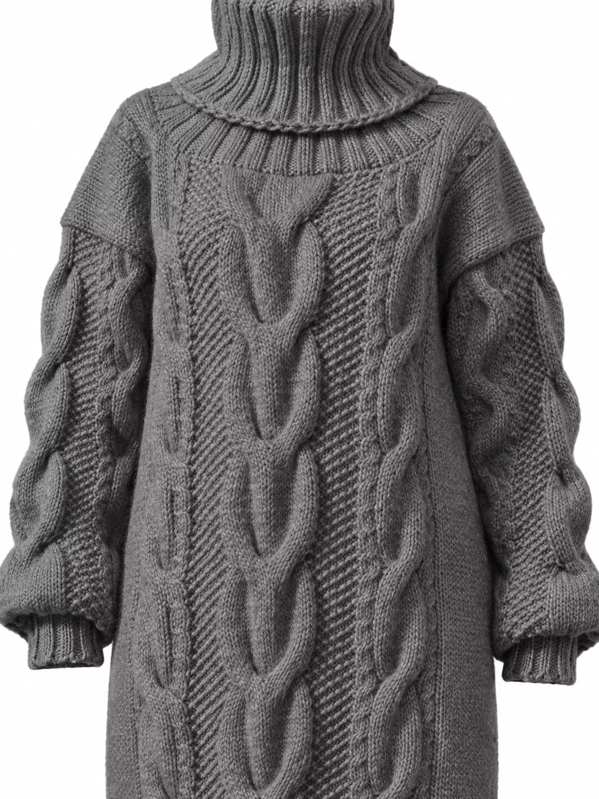 Chunky cable-knit turtleneck sweater dress in dark gray, close-up of vertical cable knit.