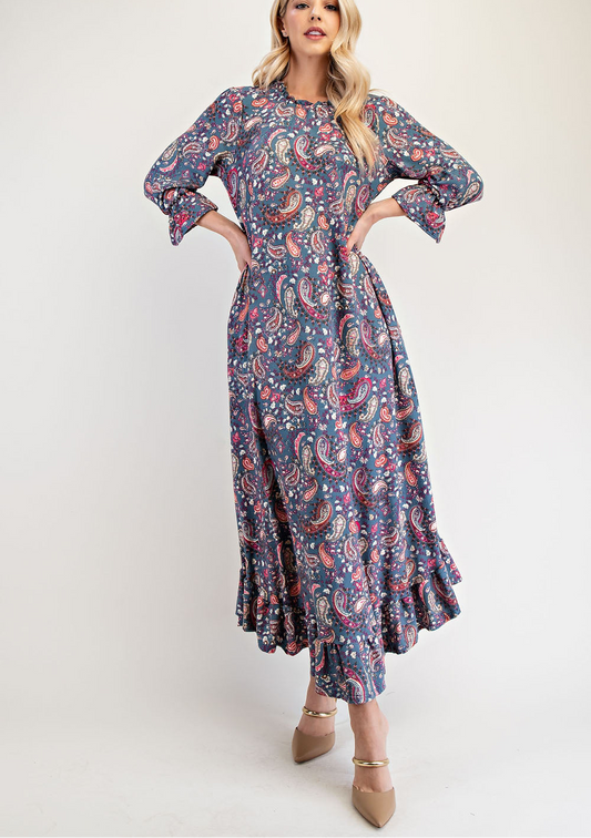 Celeste Full Size Ruffle Hem Paisley Round Neck Dress