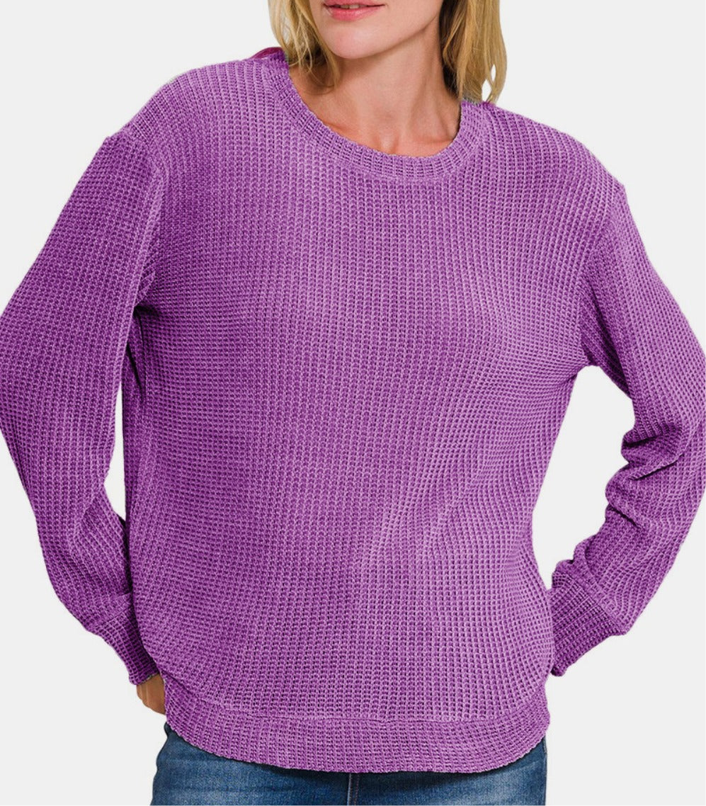 Zenana Chenille Waffle Round Neck Sweater