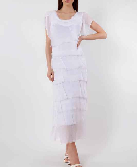White tiered ruffle midi dress with short puff sleeves and round neckline