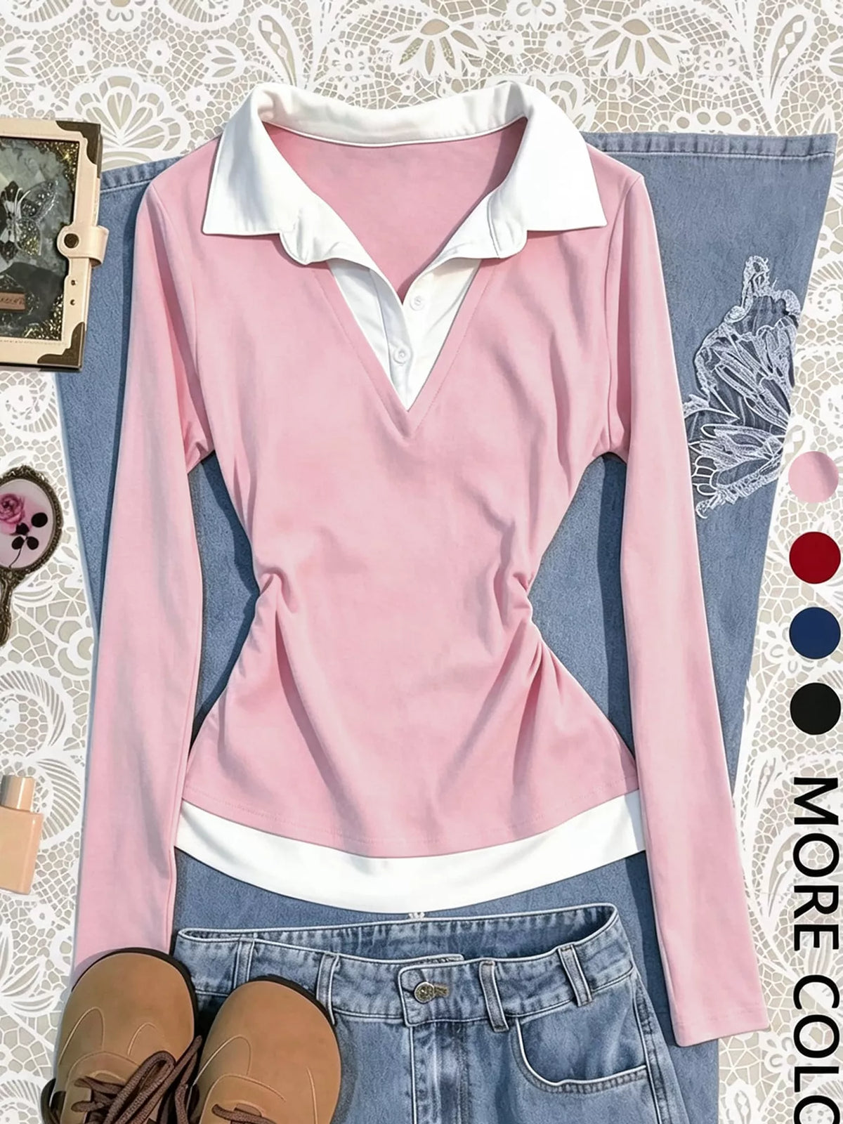 Pink long-sleeve shirt with white contrast collar and hem, V-neck, and fitted waist