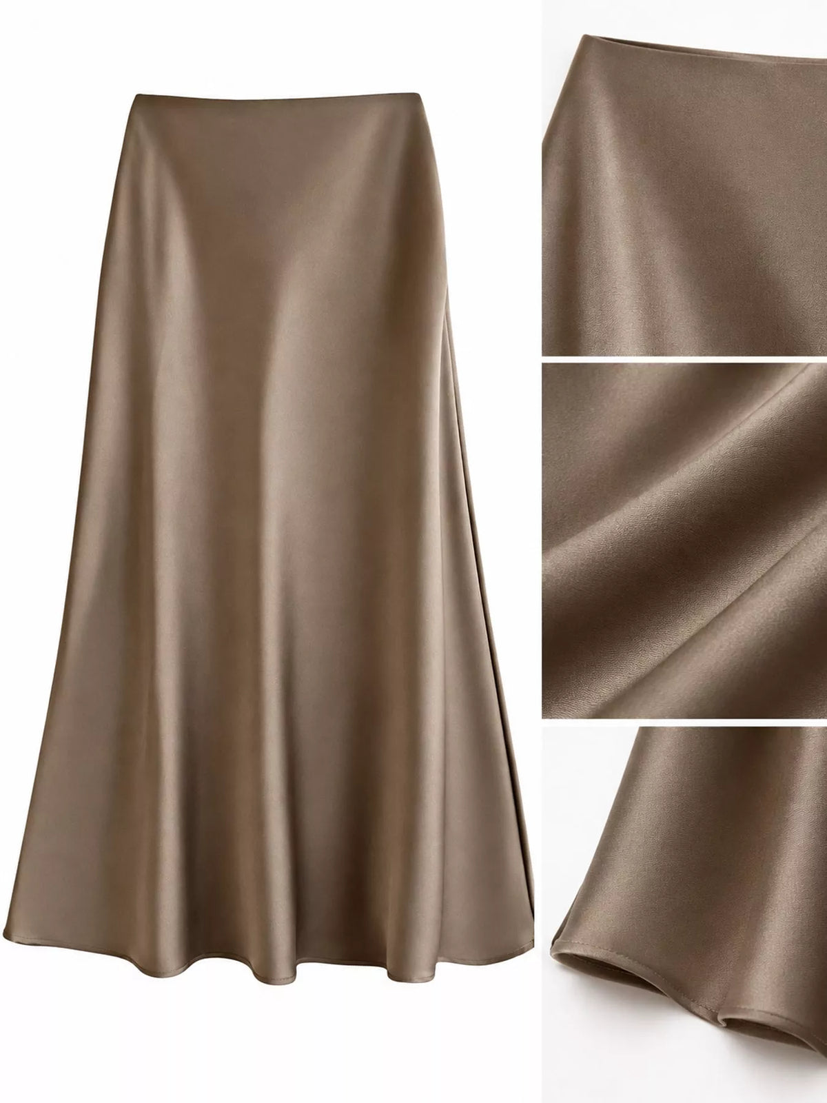 Taupe satin midi skirt with a high waist and flowing A-line shape, shown with fabric and hem details