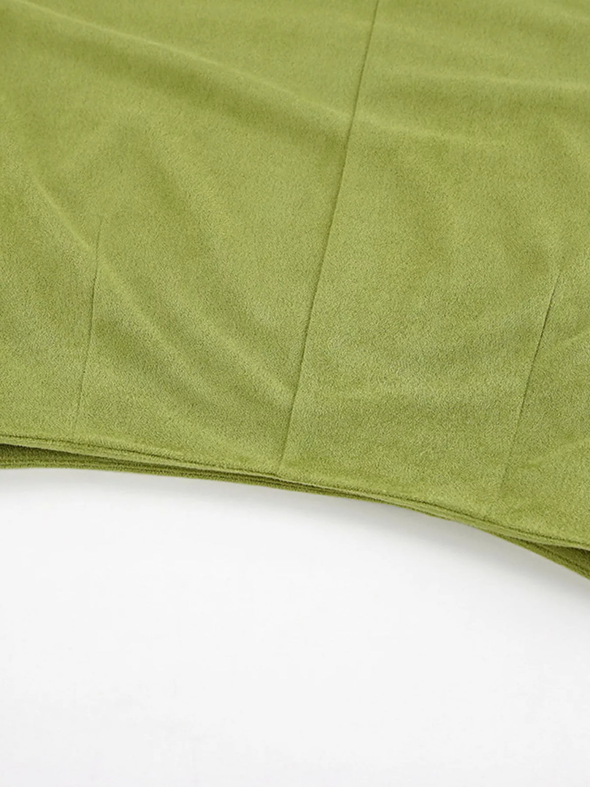 Matcha green midi skirt with smooth fabric and stitched panel seams.