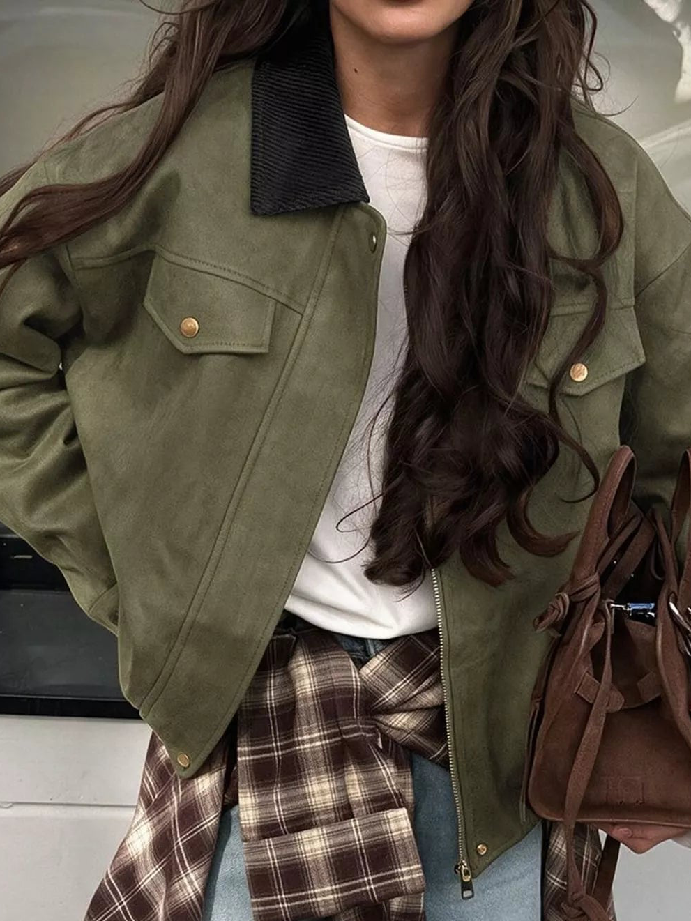 Army green zip-up dropped-shoulder jacket with snap flap chest pockets