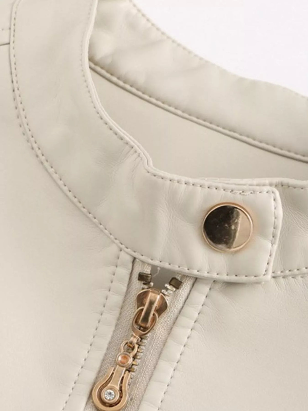 Off-white moto jacket snap collar detail with zipper pull and stitching
