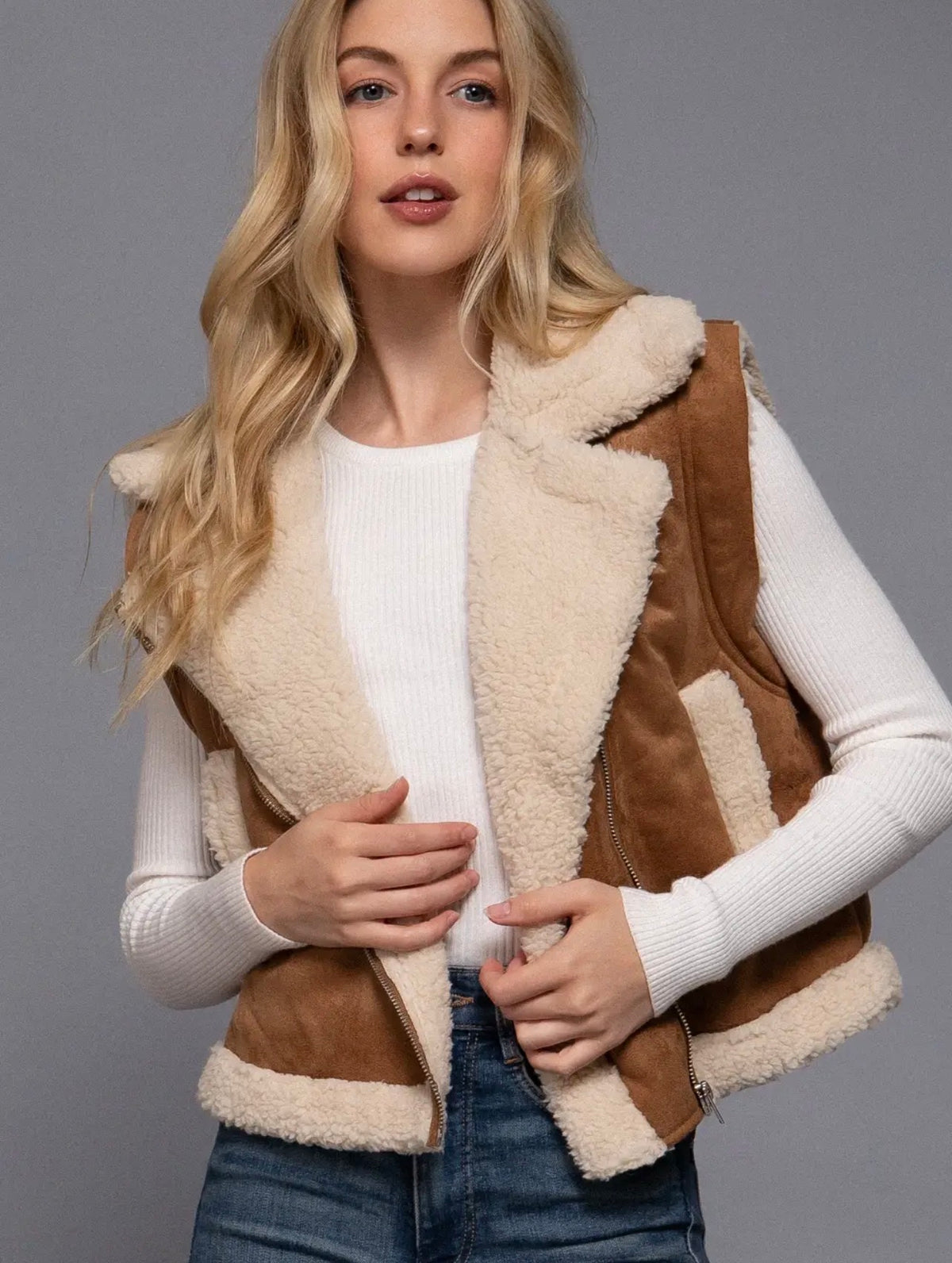Shearling-lined faux suede zip-up vest, tan brown with cream fuzzy lining and collar