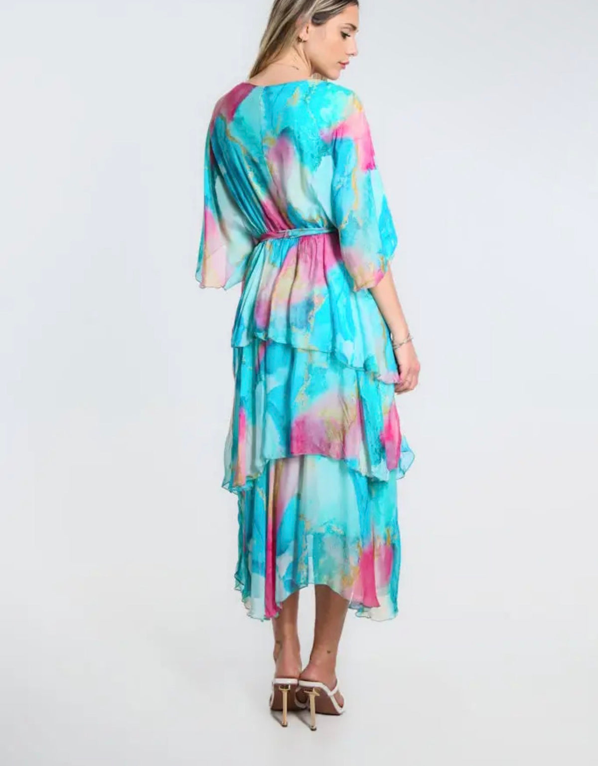 Ruffled silk midi dress with V-neck, tie waist, tiered skirt, blue-pink watercolor print, flutter sleeves