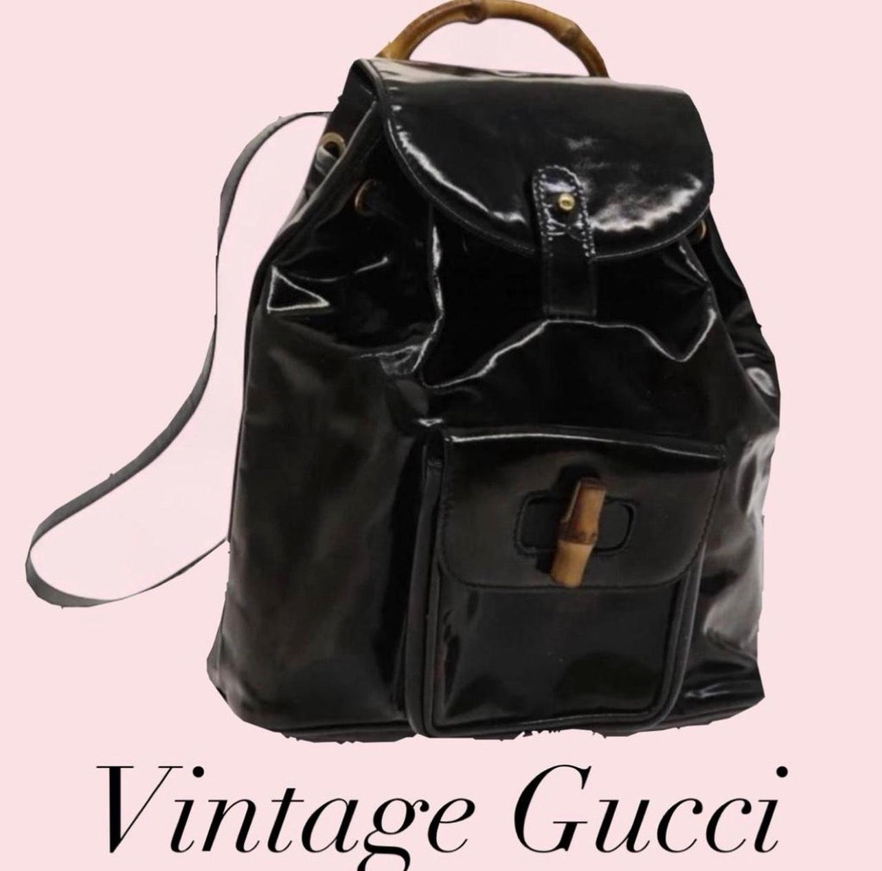Vintage (authentic) GUCCI black enamel backpack with bamboo handles
