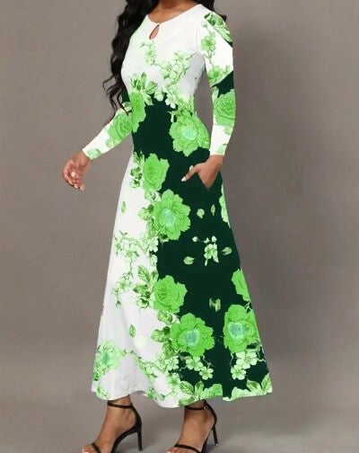 Pocketed Printed Long Sleeve Dress