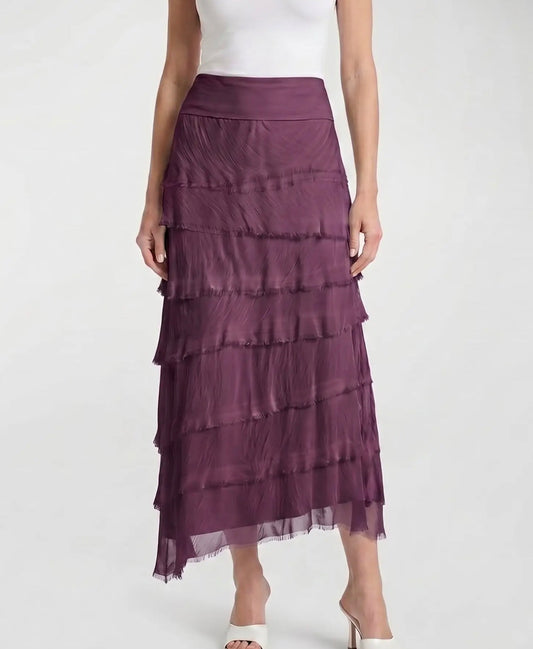 Eggplant silk ruffle midi skirt with elastic waistband and layered tiered panels