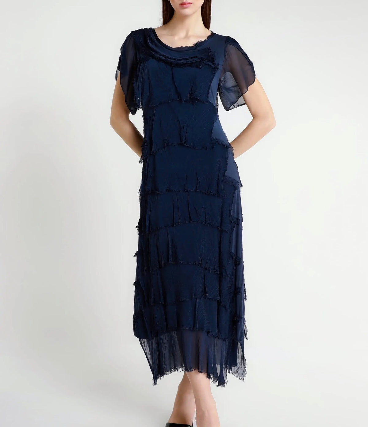 Italian Silk Miriam Short Sleeve Ruffle Dress (Navy)