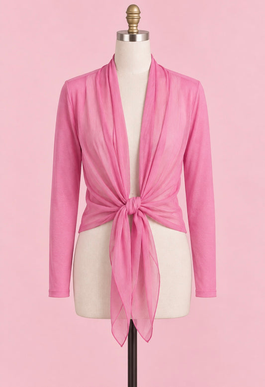 Pink silk front-tie wrap cardigan with long sleeves and V-neck drape