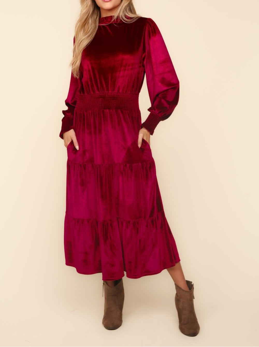 Haptics Mock Neck Smocked Waist Velvet Tiered Dress