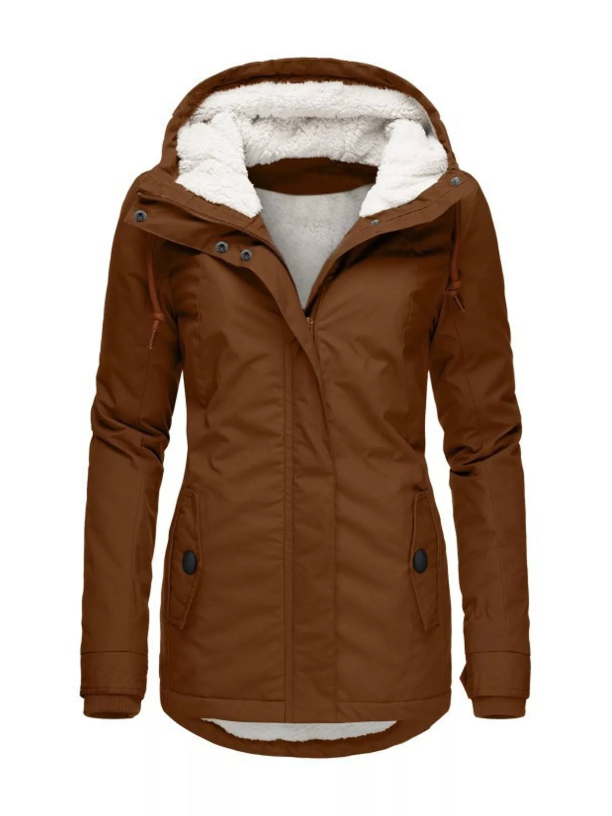 Brown hooded sherpa-lined parka with front zipper and two side pockets