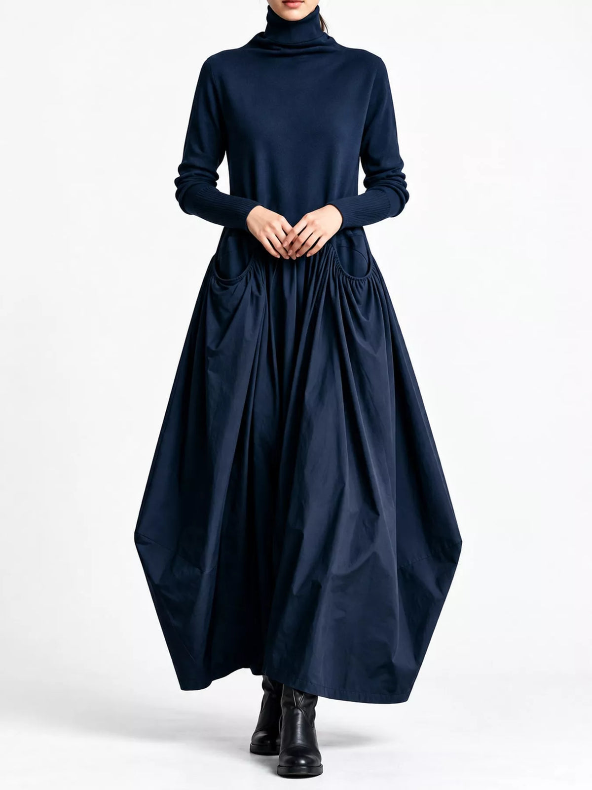Navy blue turtleneck long-sleeve maxi dress with gathered waist and full skirt
