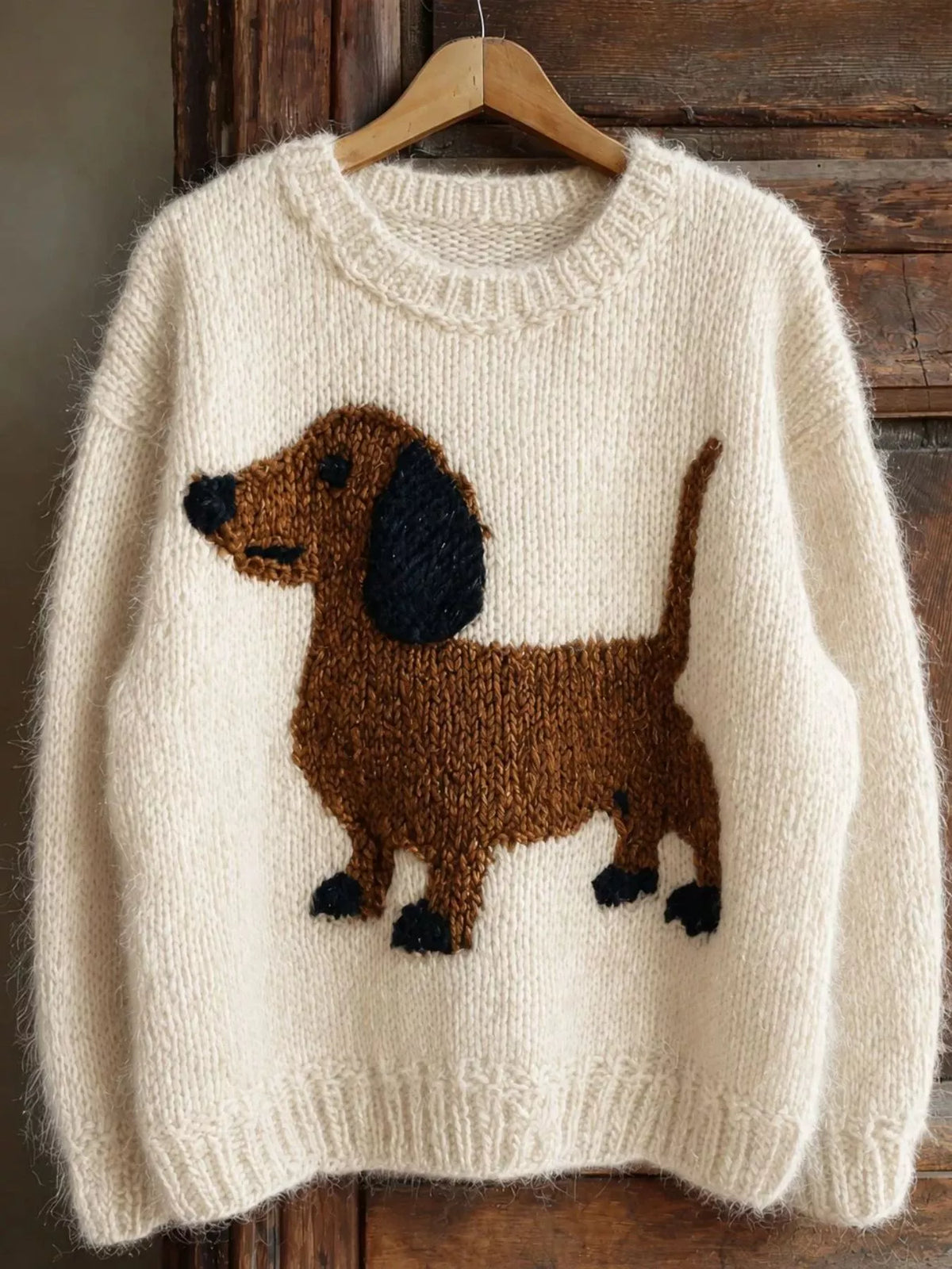 White dropped-shoulder knit sweater with dachshund intarsia front