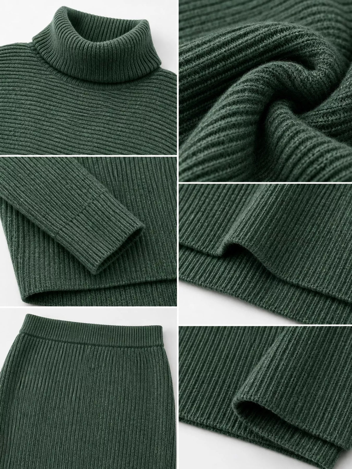 Close-up details of the green set's ribbed knit, turtleneck, cuffs, and skirt waistband