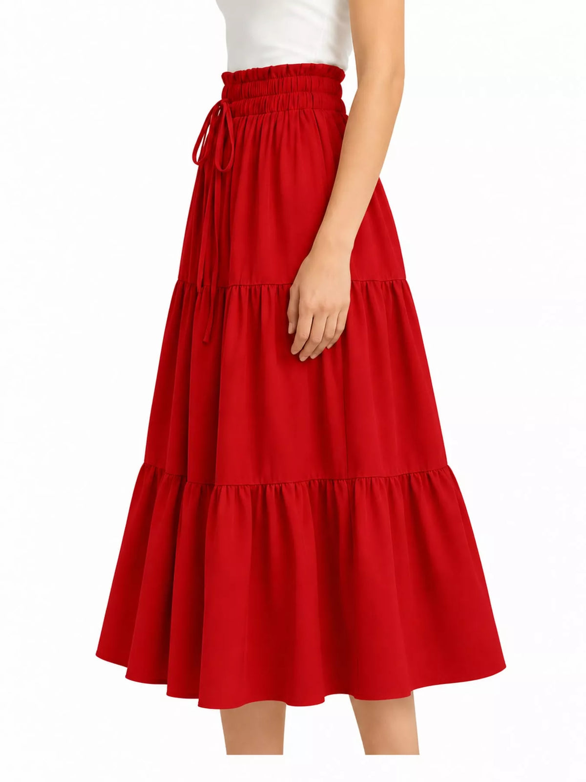 Red tiered midi skirt with elastic waistband, drawstring tie, and ruffle layers