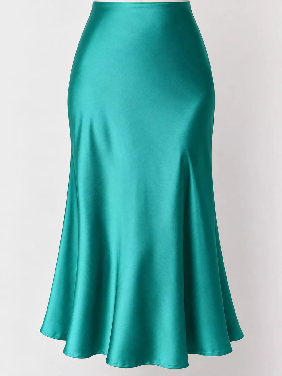 High-waisted satin midi skirt in teal, side view with A-line flare