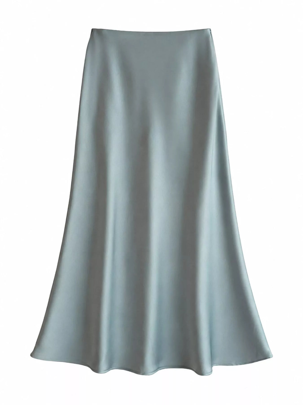 Gray-green high-waisted satin midi skirt with a smooth, flowing drape