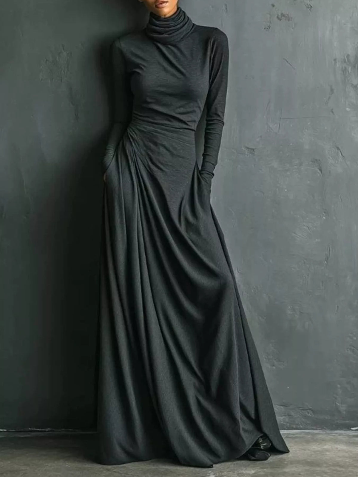 Draped turtleneck maxi dress, dark gray with ruched waist and long sleeves