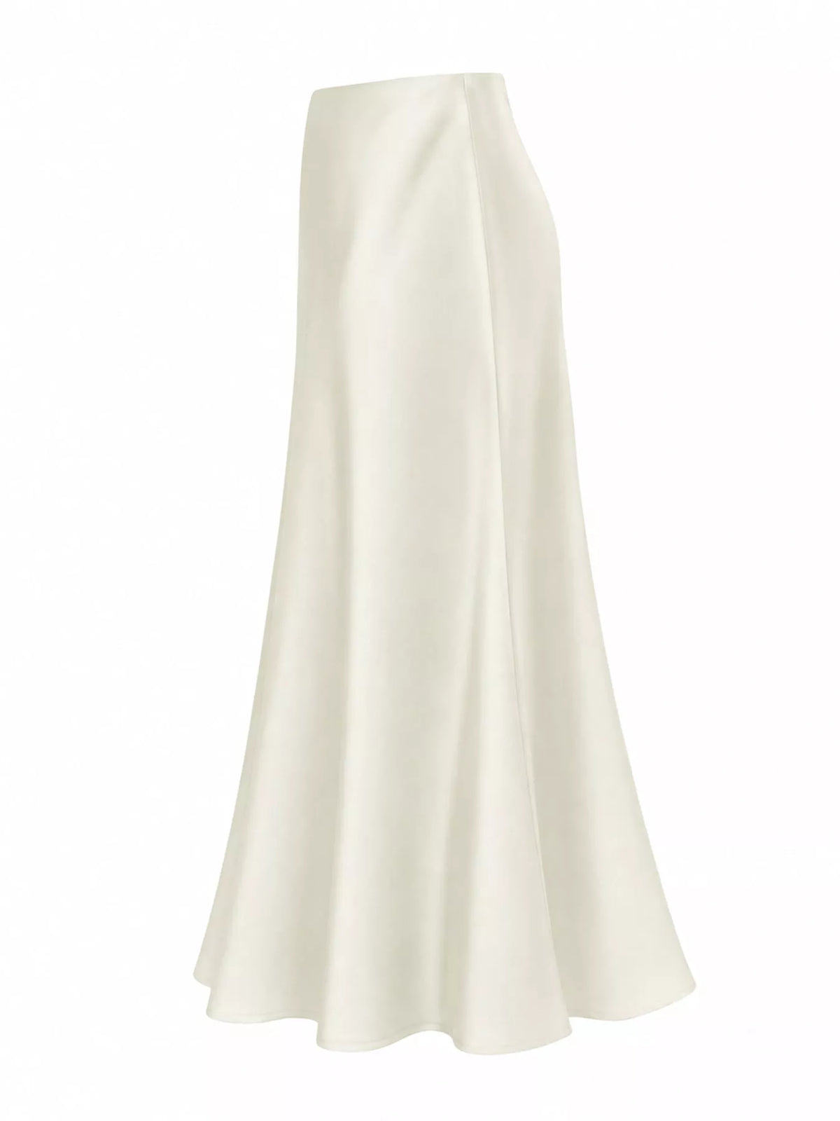 Ivory satin midi skirt shown from the side