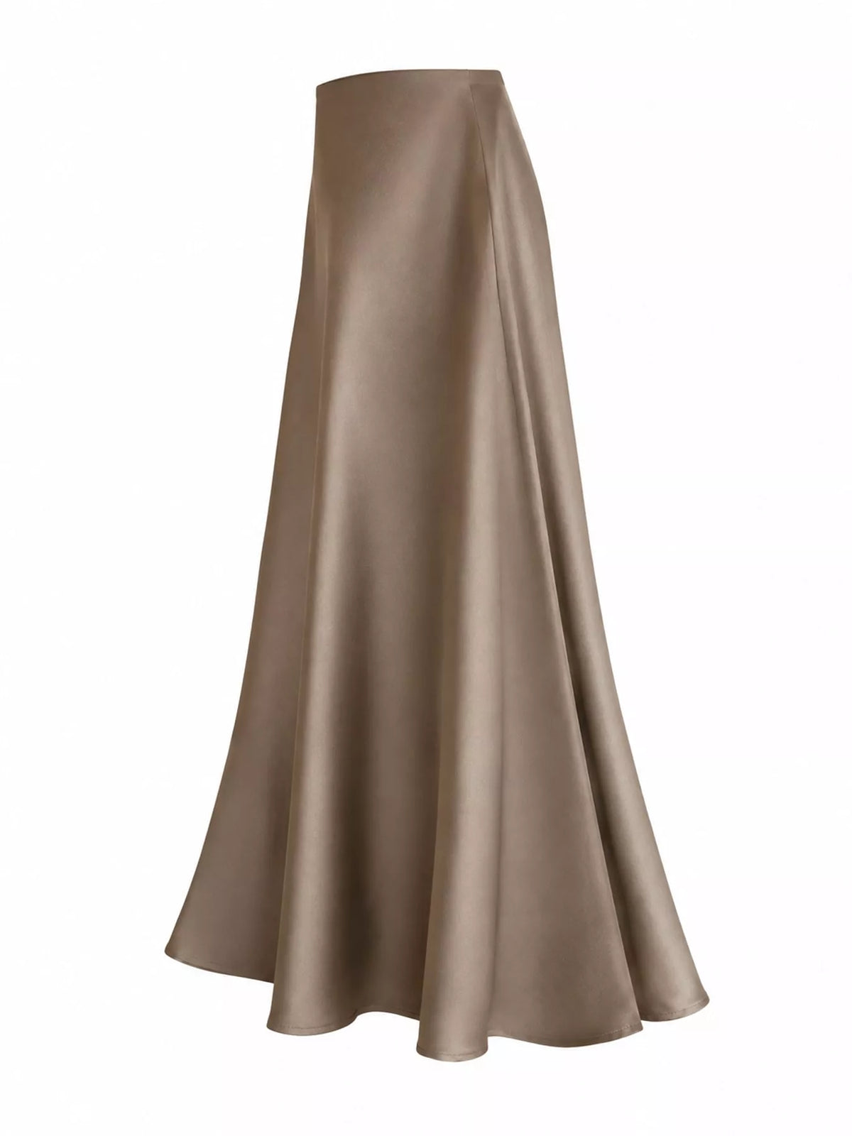 Brown satin midi skirt shown from the side, with a flowing flared hem