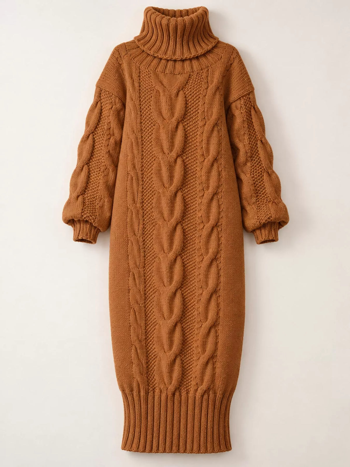 Chunky cable knit turtleneck sweater dress, front view, camel ribbed hem and cuffs