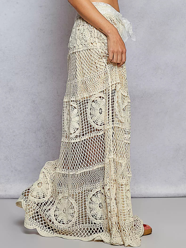 POL Crochet Floral Flared Skirt with Elastic Waist Band
