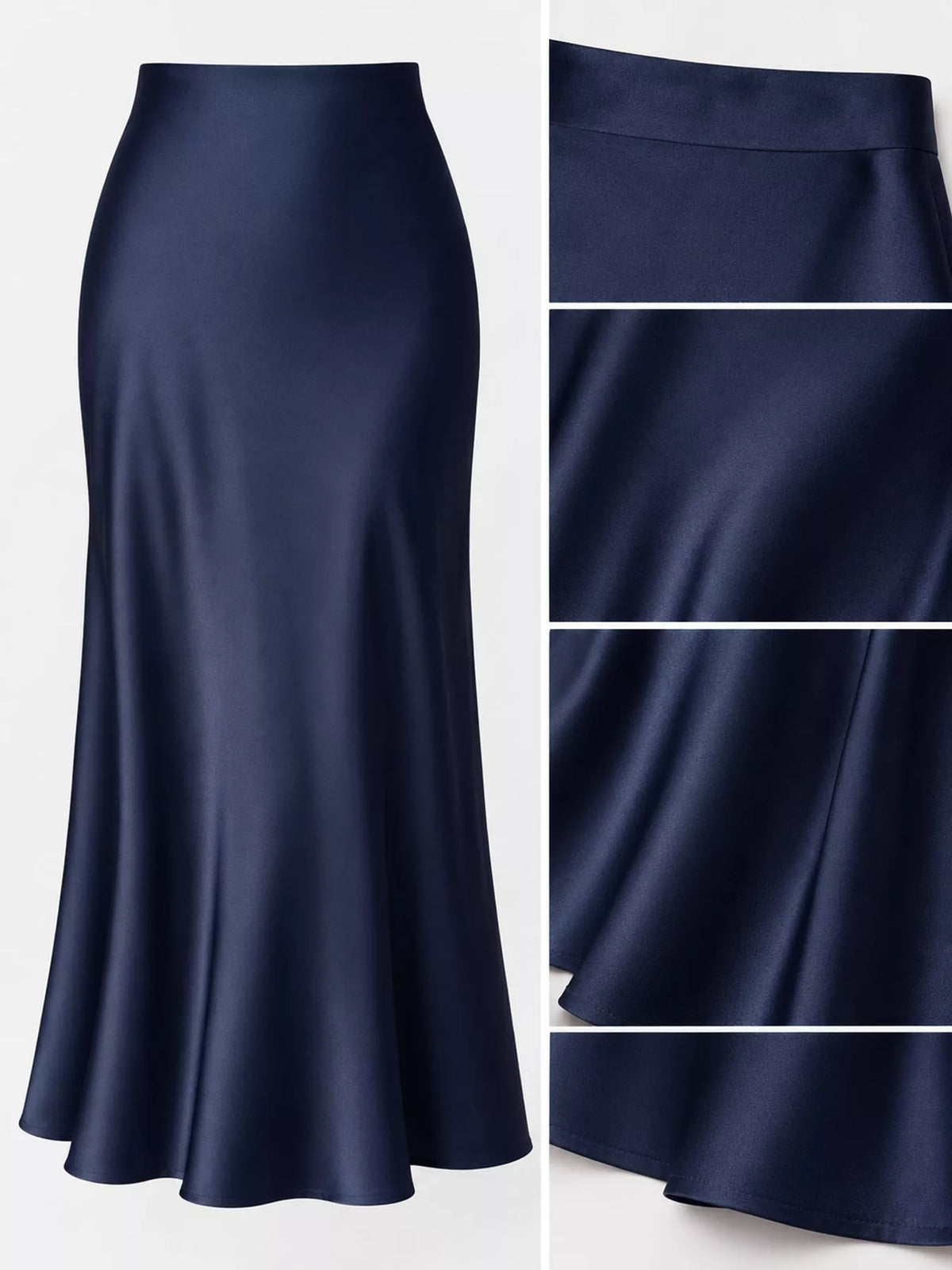 Navy satin high-waisted midi skirt, waistband detail and flared hemline