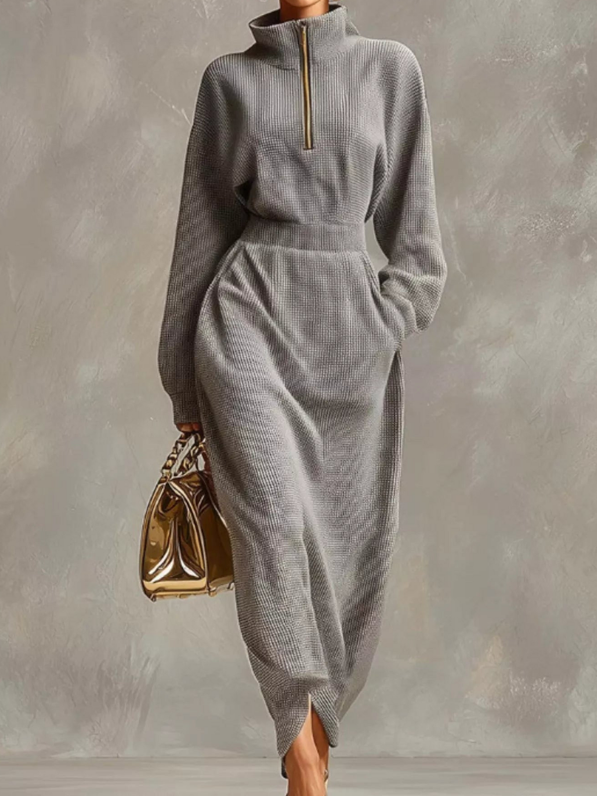 Grey waffle-knit midi dress with a quarter zip, high collar, long sleeves and fitted waist