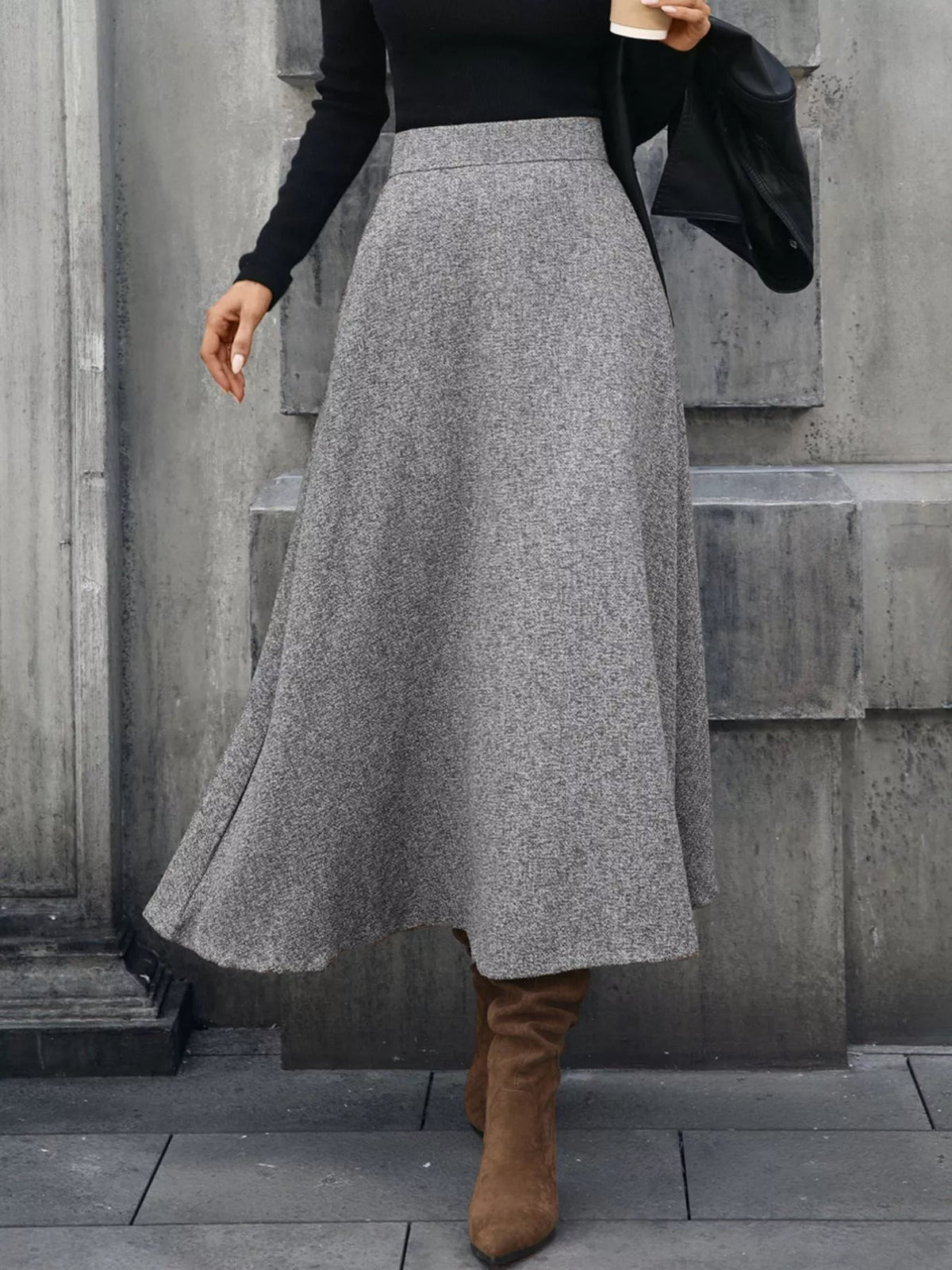 Gray A-line midi skirt with a high waist and softly flared hem
