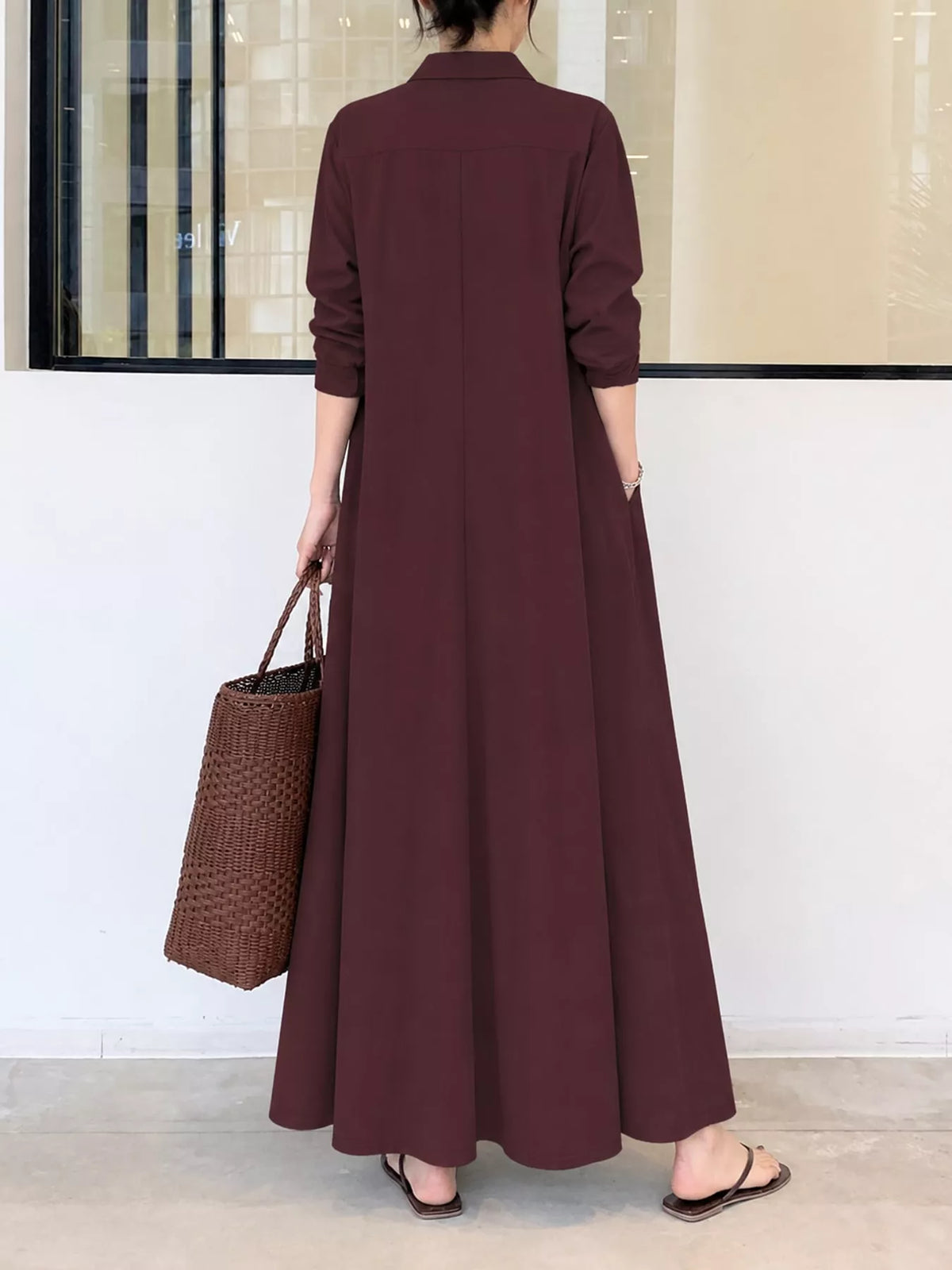 Wine red long-sleeve maxi shirt dress, open back view with gathered skirt