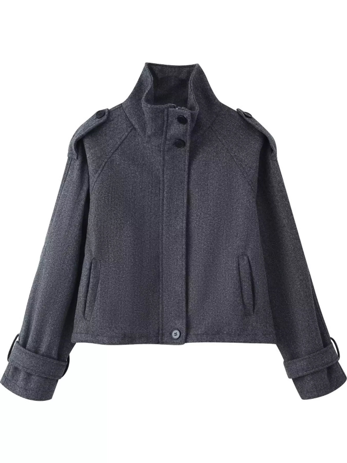 Heather gray stand-collar zip-up jacket flat lay with snap button placket and cuff tabs.