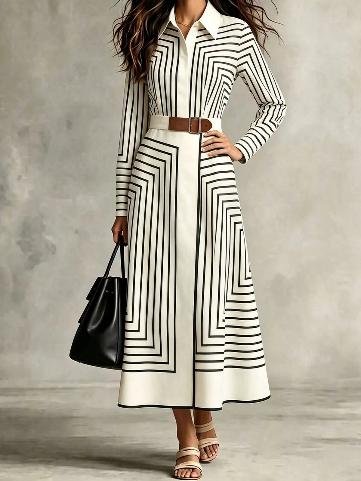 White geometric striped midi shirt dress with a pointed collar and brown belt