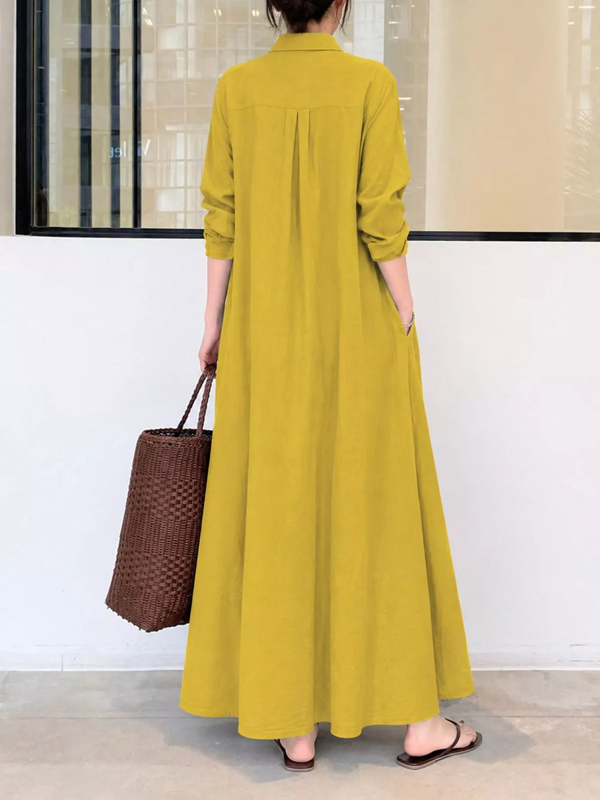 Back view mustard yellow button-front maxi shirt dress, long sleeves, relaxed fit