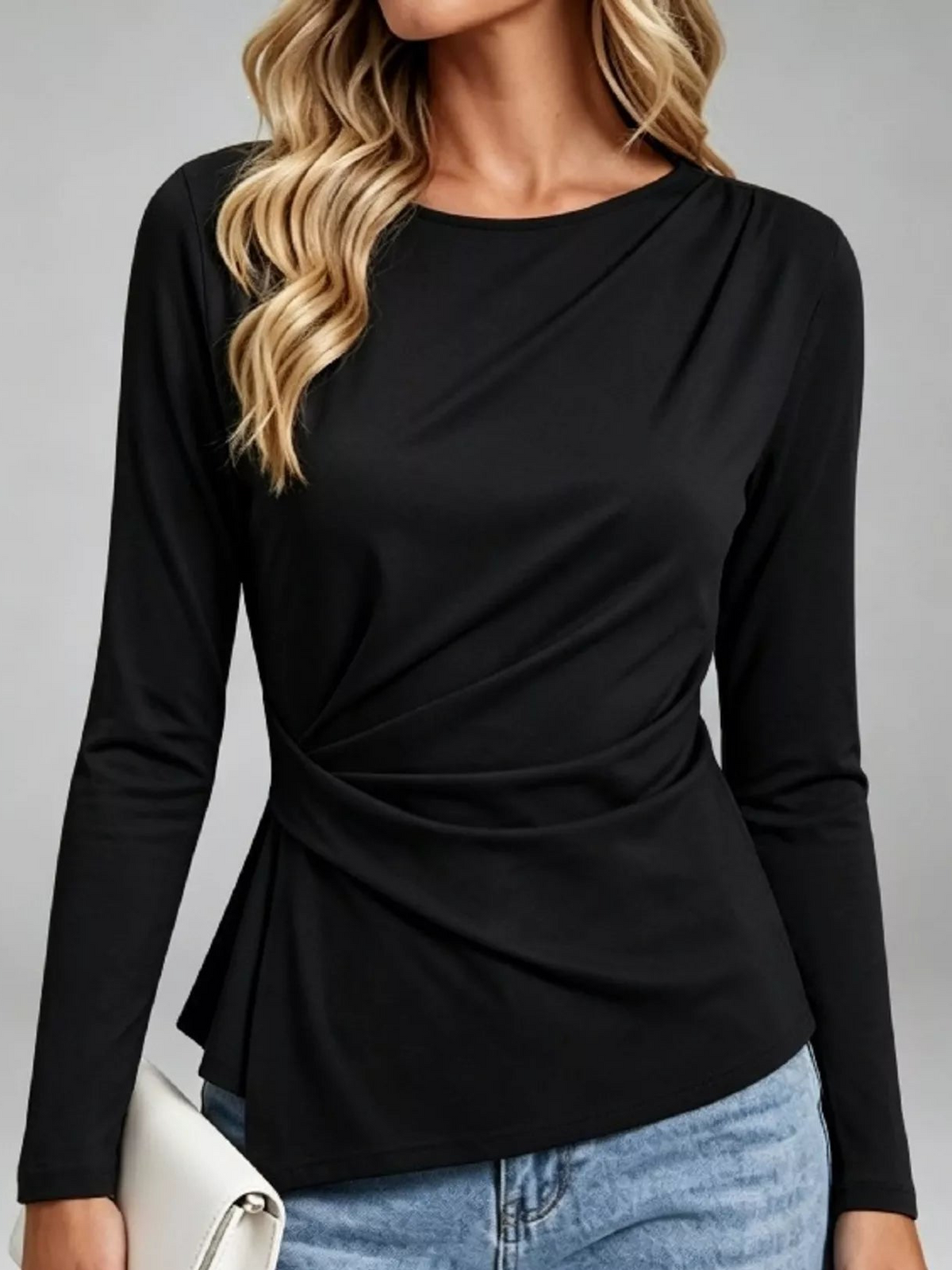 Black ruched-waist long-sleeve t-shirt with diagonal gathered front