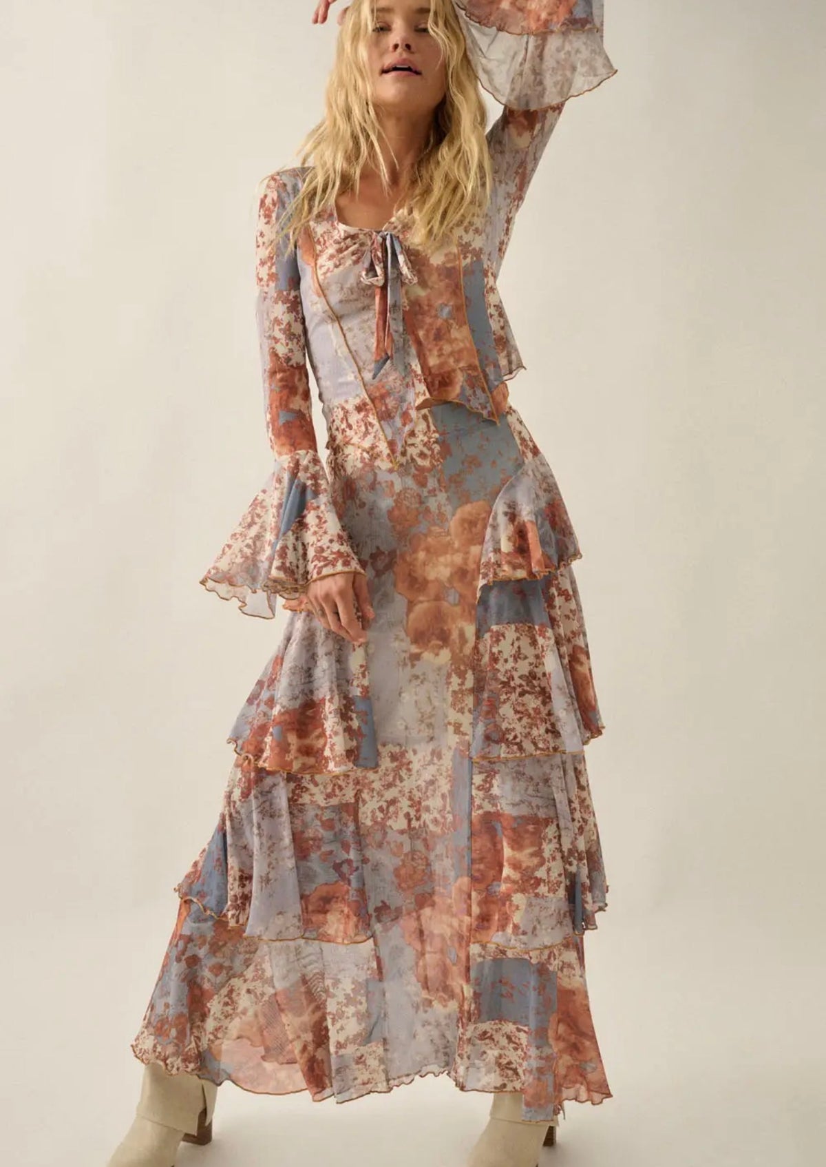 Boho Luxe Floral Mesh Bell-Sleeve Top & Skirt Set