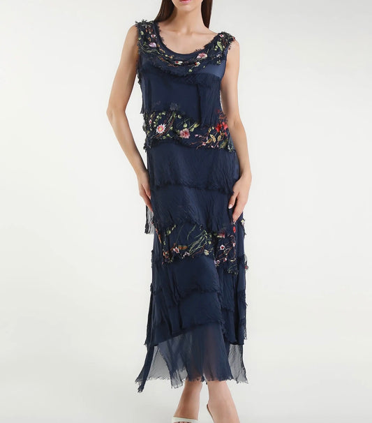 Navy embroidered silk maxi ruffle dress with floral embroidery and layered sheer tiers