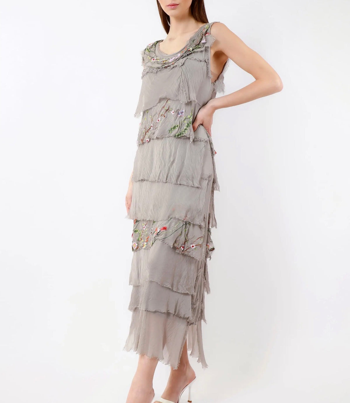 Embroidered Italian Silk Maxi Ruffle Dress (Taupe)