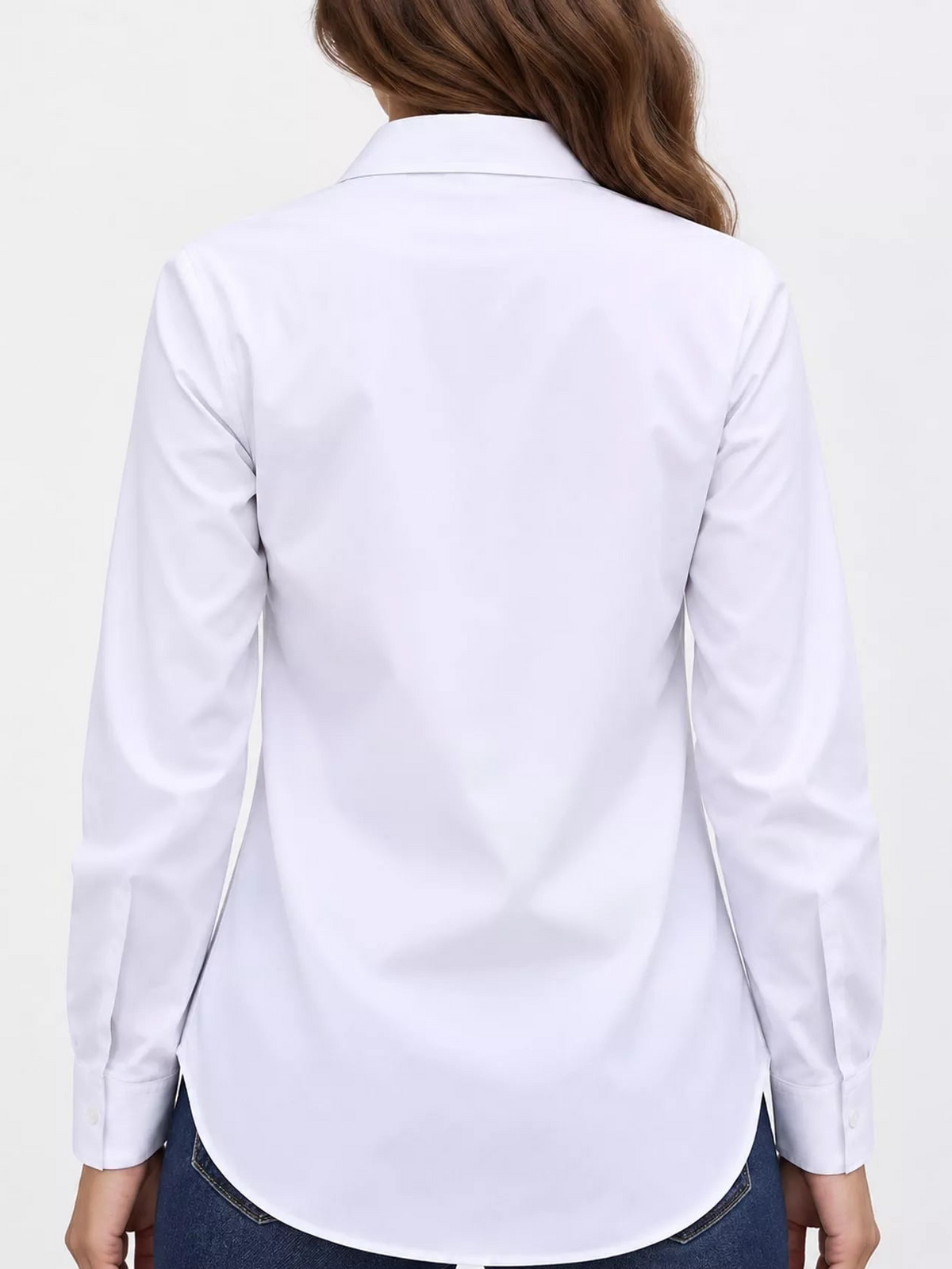 White button-up long sleeve shirt, back view with darts and long sleeves
