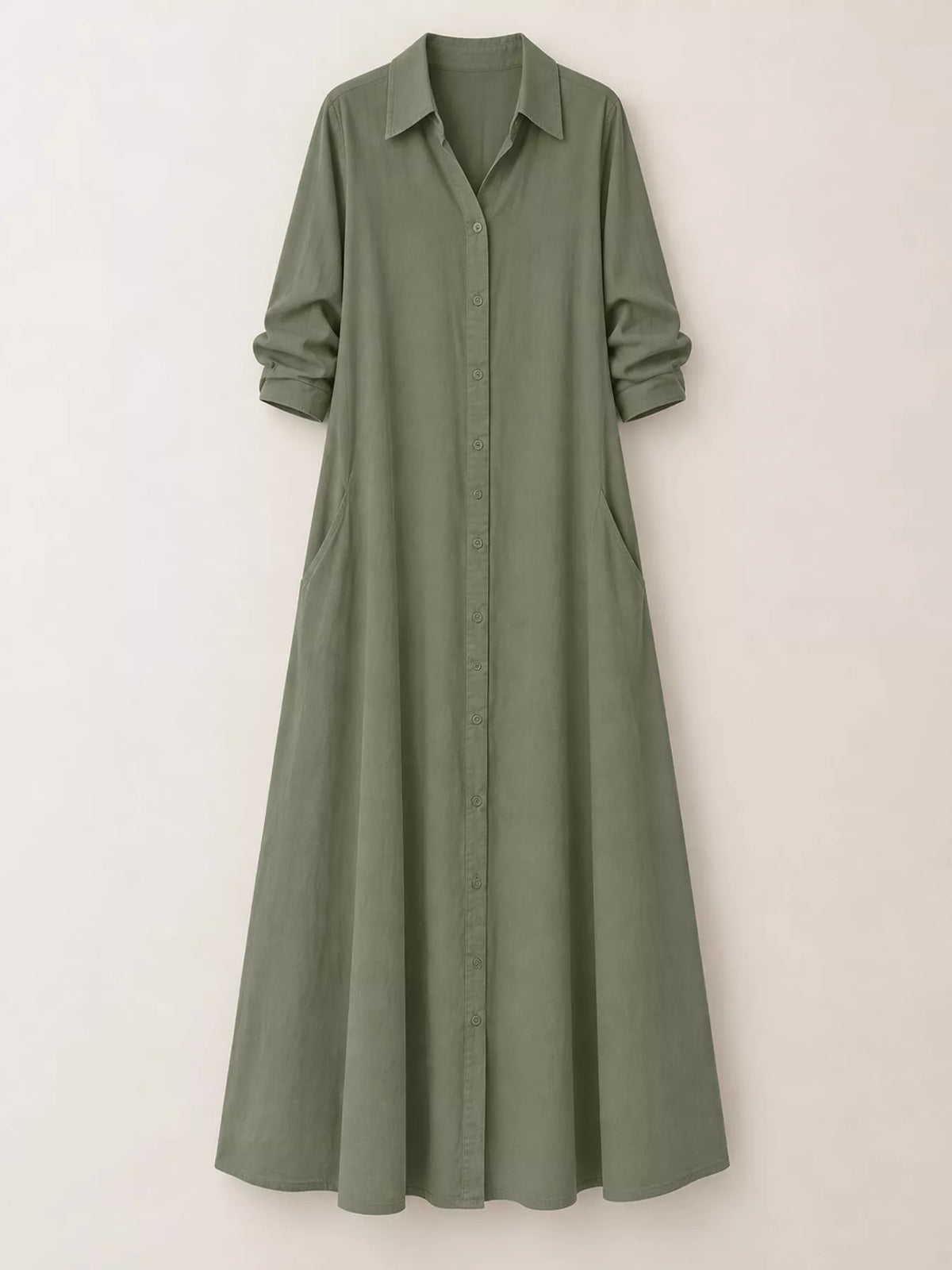 Olive green button-front maxi shirt dress with collared shirt-style neckline