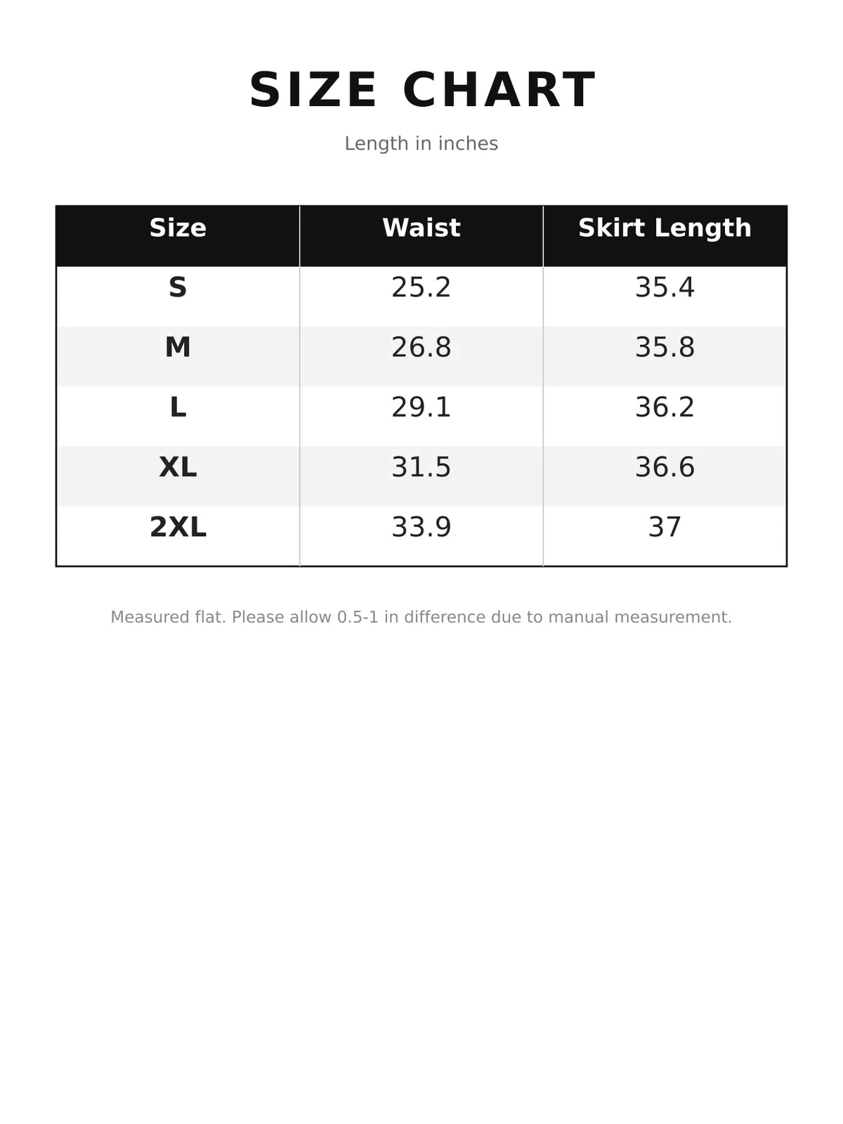 Size chart for tiered midi skirt: waist and skirt length in inches