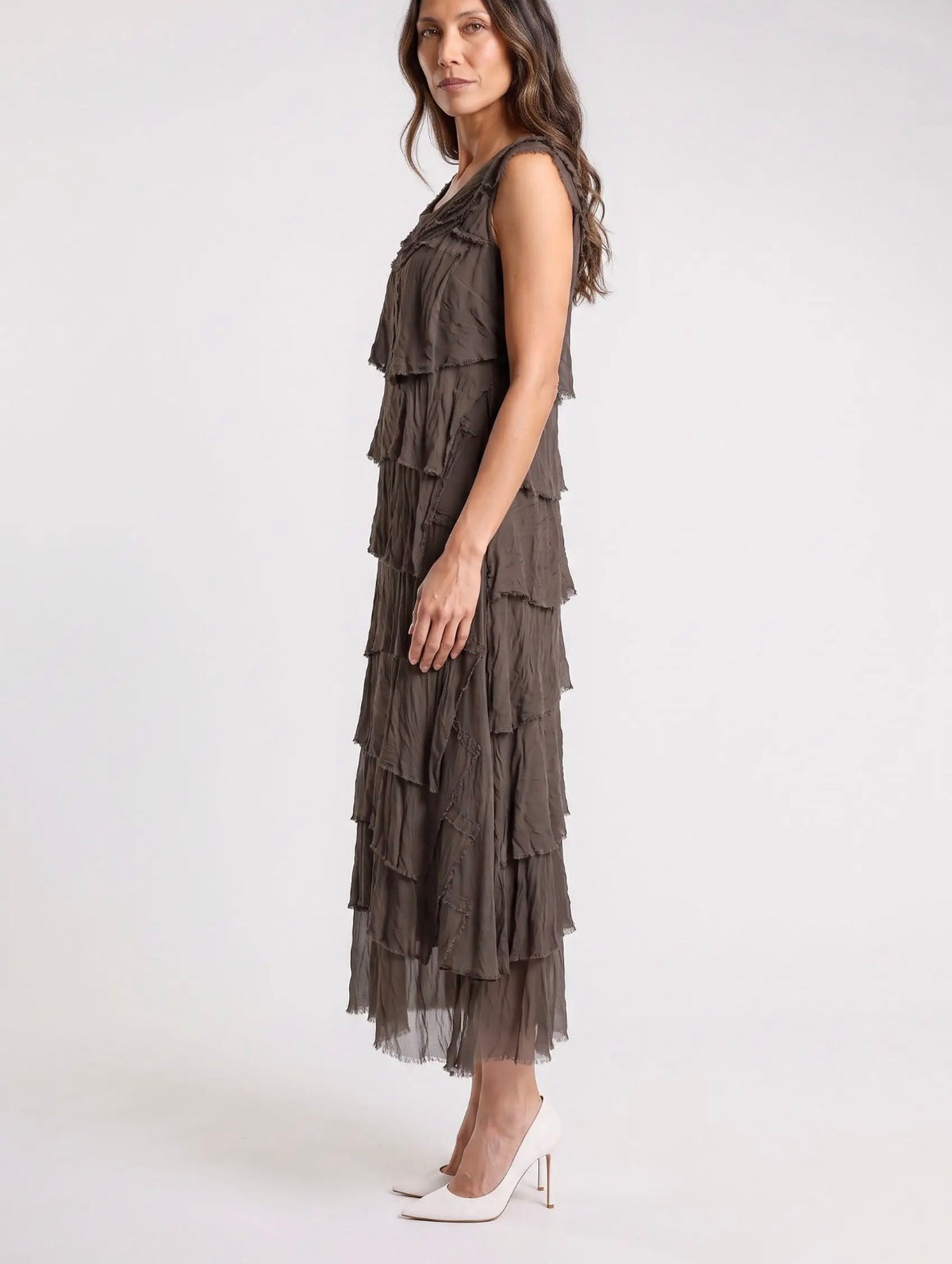 Espresso ruffled silk sleeveless midi dress with tiered layers, side profile